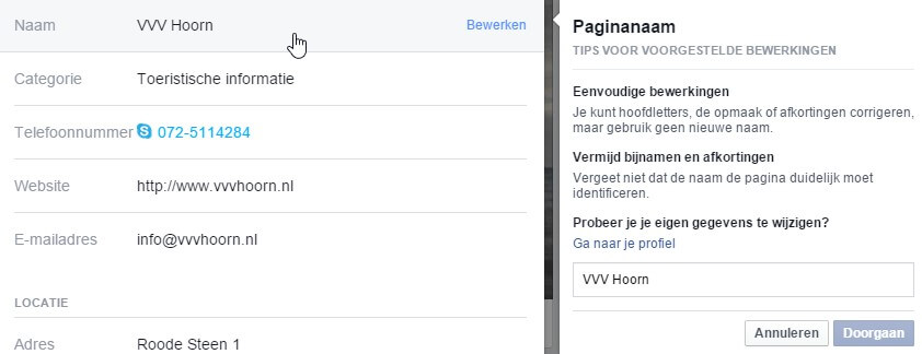 Facebook pagina titel bewerking voorstellen