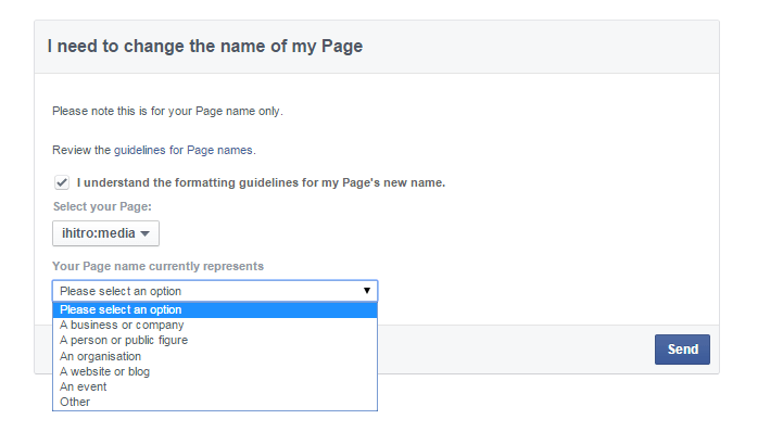 change the name of my Facebookpage - select an option1