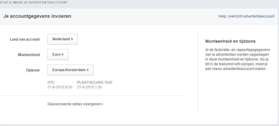 Facebook Accountgegeven invoeren voor adverteren