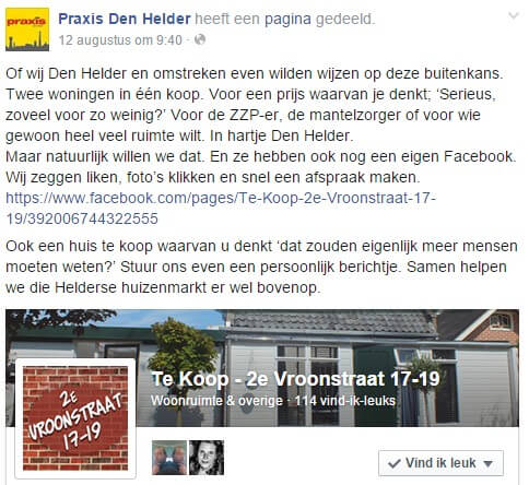 Facebook post voorbeeld door Praxis Den Helder