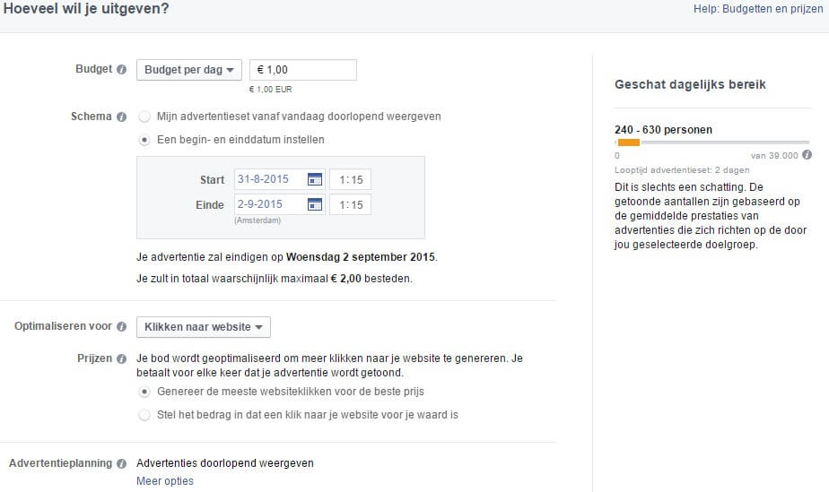 Hoeveel wil je uitgeven aan Facebook Ads
