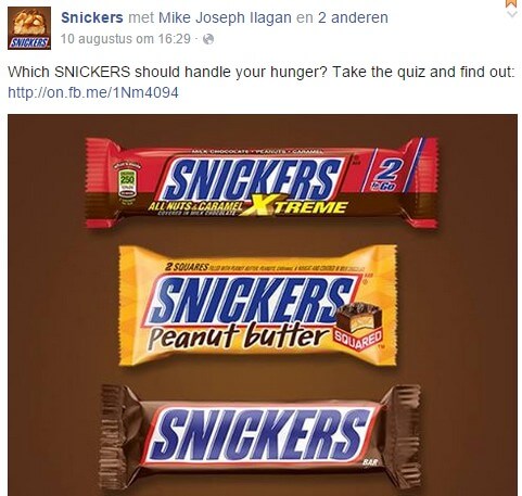 Snickers on Facebook example on post using energy