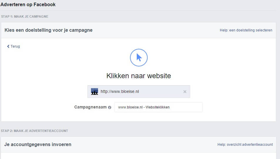 Stap 1 maak je Facebookcampagne