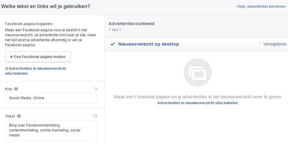 Tekst en links bepalen van je Facebookadvertentie