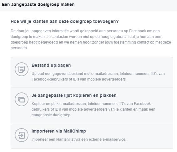 Facebook Ads Aangepaste doelgroep aanmaken op basis van klantenlijst opties