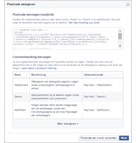 Facebook Ads Pixelcode weergeven