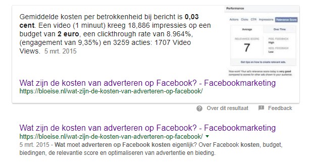 Featured snippet in Google voorbeeld door Bloeise - kosten van adverteren in Facebook