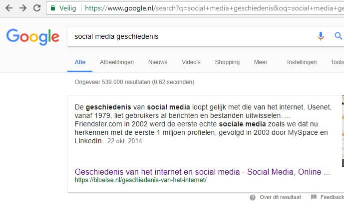 Featured snippet voorbeeld in Google - geschiedenis van social media door Bloeise