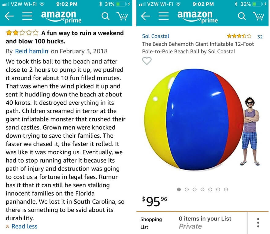 grappige Amazon review over strandbal