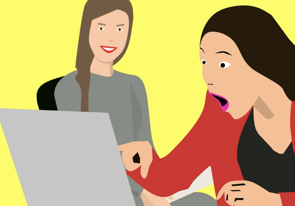 Cartoon: Twee dames zitten achter een laptop.