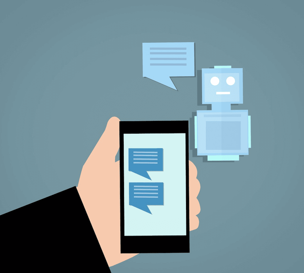 Cartoon: smartphone met robot op de achtergrond