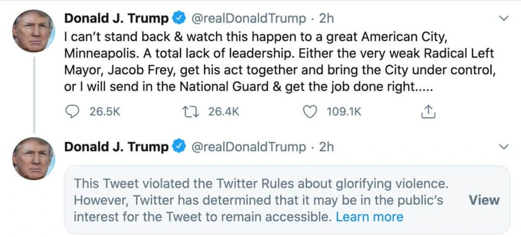Donald Trump Tweet with Twitter violation notification