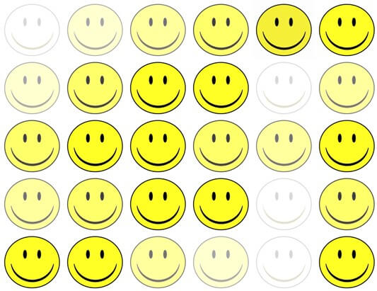 Veel smileys, sommige fel en sommige vervaagd. Blij en minder blij.