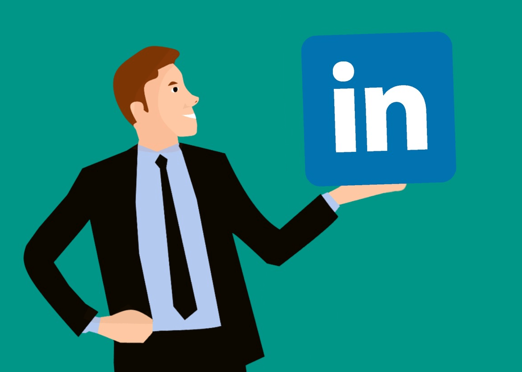 Cartoon man met het LinkedIn logo in de hand.