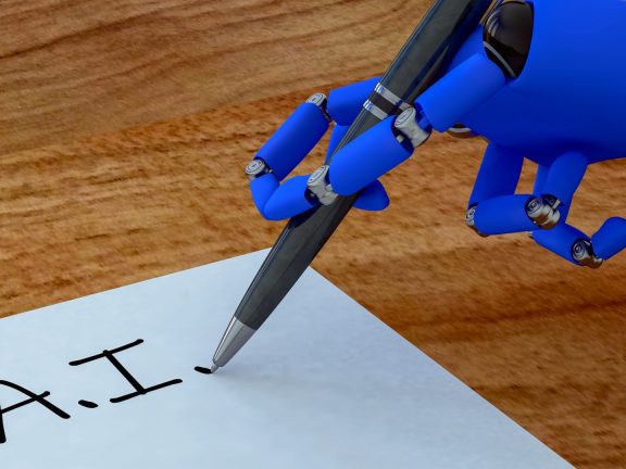 A robot hand writes the abbreviation for Artificial Intelligence