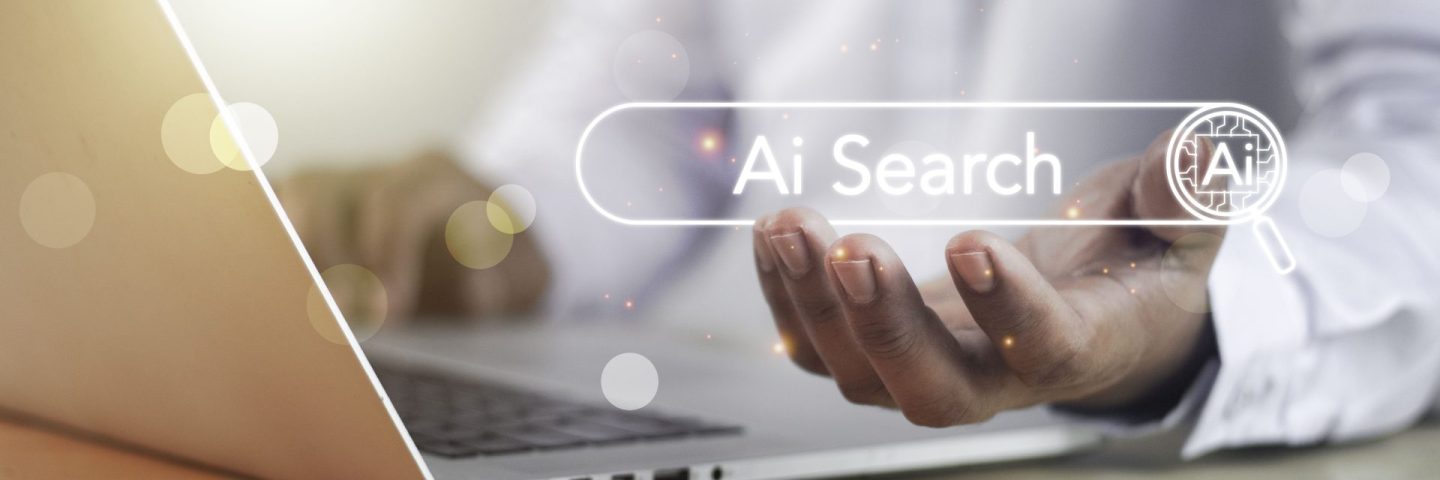 AI searching concept. Data search optimization by artificial intelligence technology. Search engine bar with blank space for text and AI button appear while business person typing on laptop computer