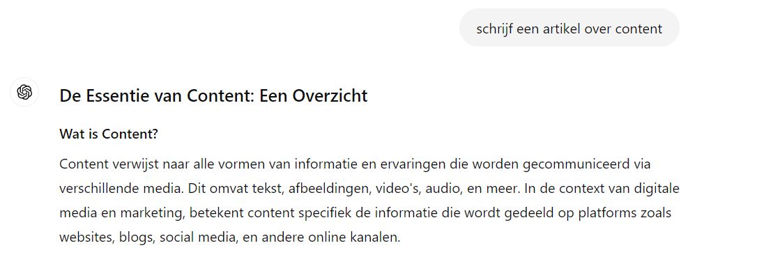 Screenshot van ChatGPT dat een artikel schrijft over content