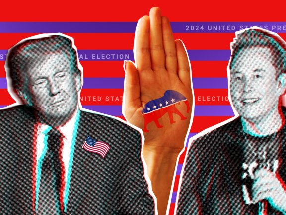 November 14, 2024 illustrative collage portrait of Elon Musk and Donald Trump against the background of a hand with the symbol of the Republican Party.