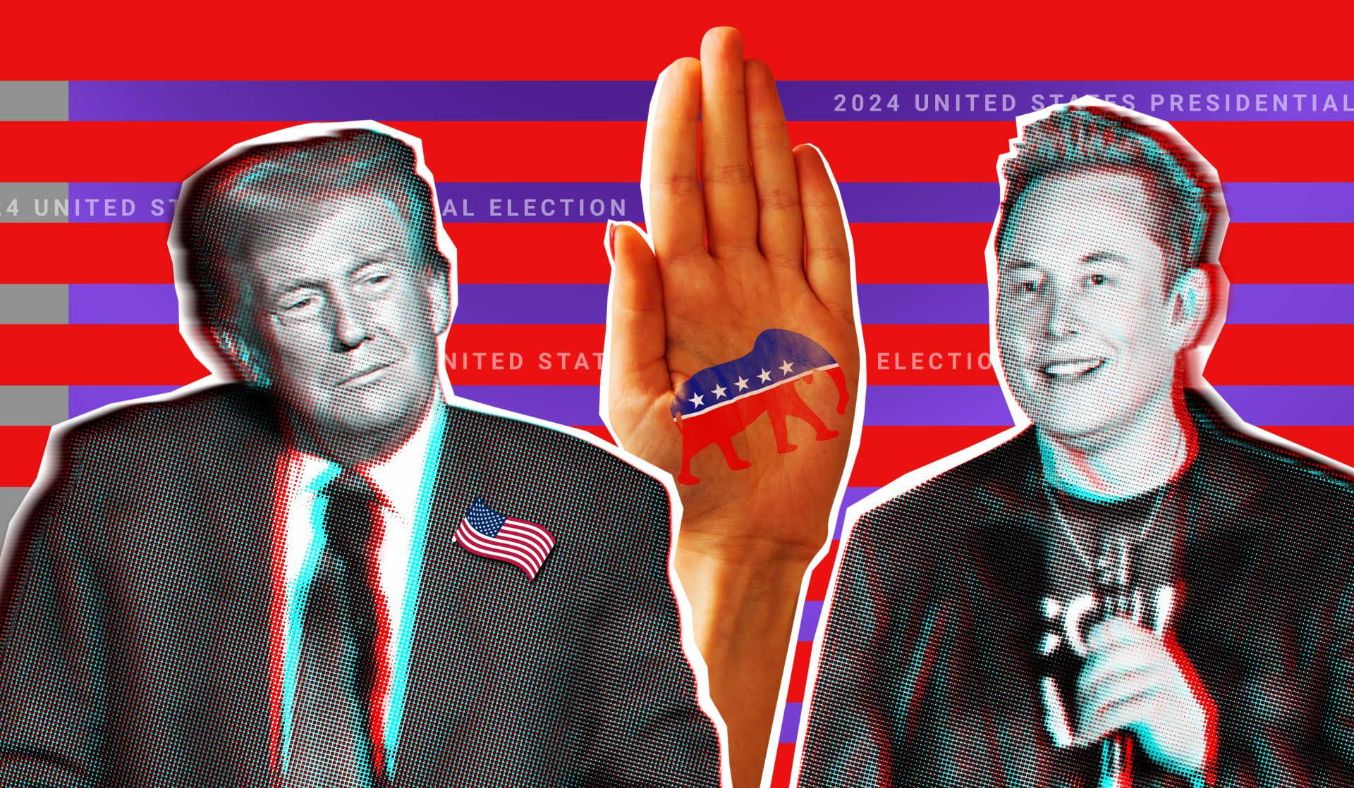 November 14, 2024 illustrative collage portrait of Elon Musk and Donald Trump against the background of a hand with the symbol of the Republican Party.