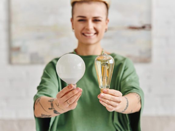 cheerful, young and tattooed woman in casual clothes showing energy saving light bulbs and looking at camera, environmentally conscious, sustainable lifestyle and environmentally conscious concept