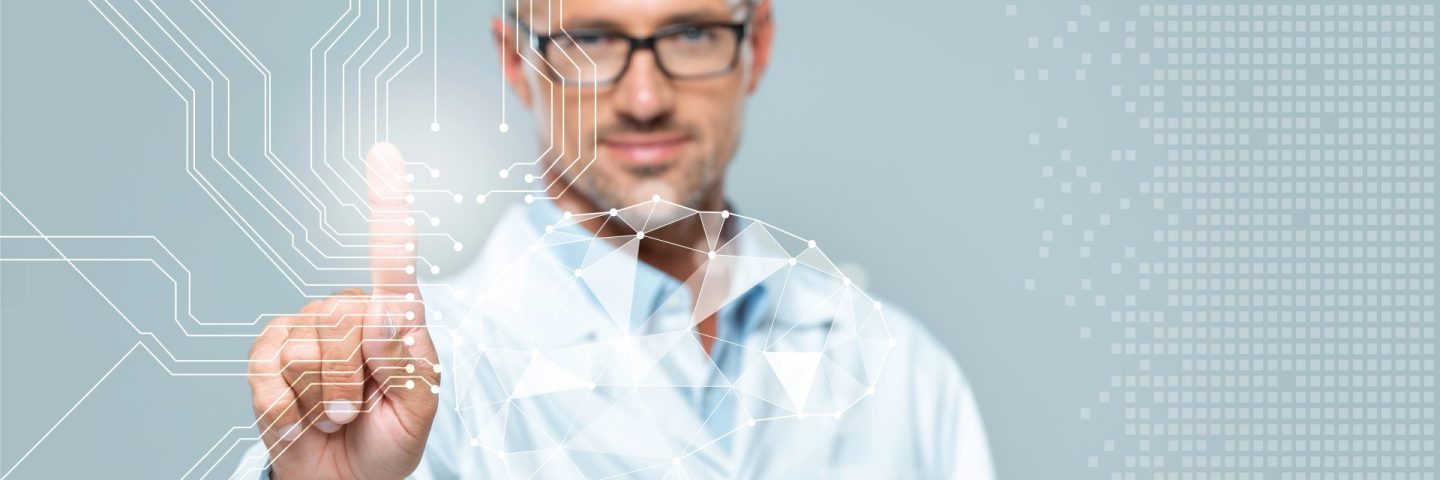 selective focus of handsome scientist touching brain interface in air isolated on white, artificial intelligence concept