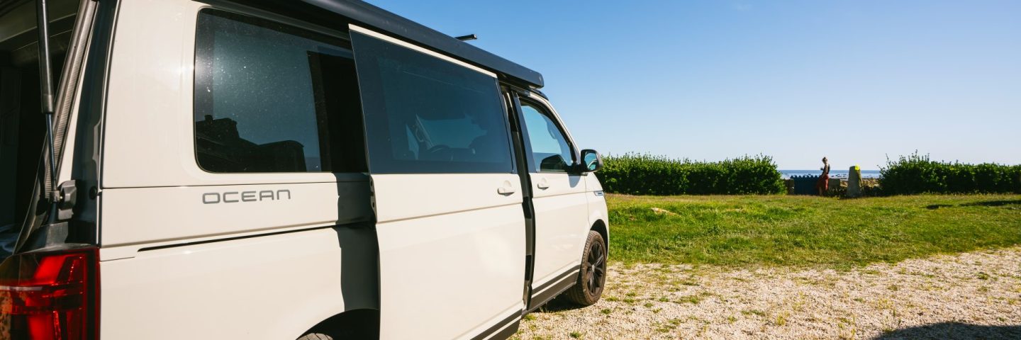 Bretagne, France - July 12 2022: The new 2021 Volkswagen VW Transporter Camping Van T6.1 California Ocean in the coastal Nature