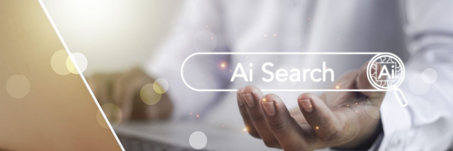 AI searching concept. Data search optimization by artificial intelligence technology. Search engine bar with blank space for text and AI button appear while business person typing on laptop computer