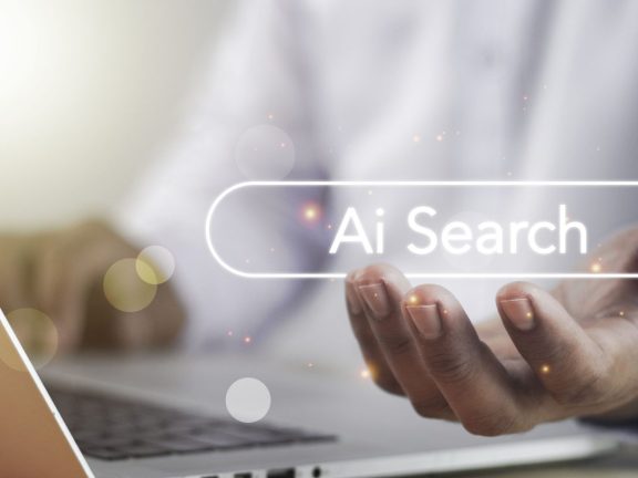 AI searching concept. Data search optimization by artificial intelligence technology. Search engine bar with blank space for text and AI button appear while business person typing on laptop computer