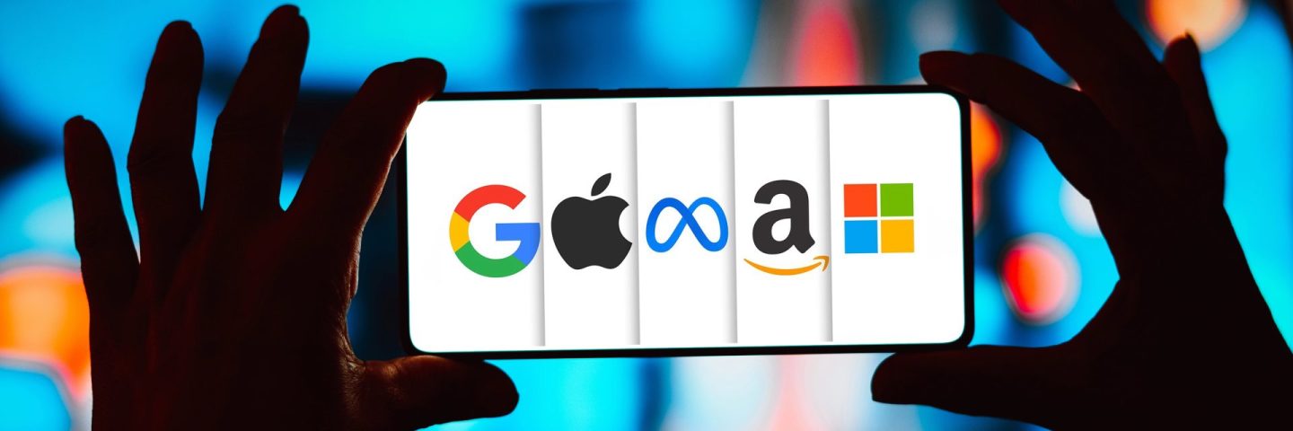 May 3, 2024, Brazil. In this photo illustration, the Google, Apple, Meta, Amazon and Microsoft logos is displayed on a smartphone screen