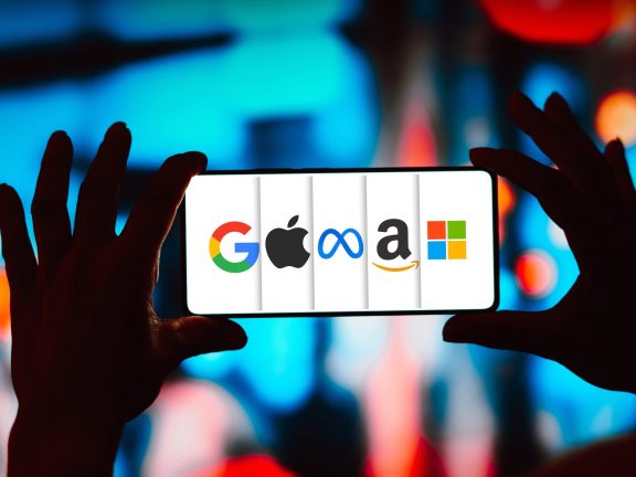 May 3, 2024, Brazil. In this photo illustration, the Google, Apple, Meta, Amazon and Microsoft logos is displayed on a smartphone screen
