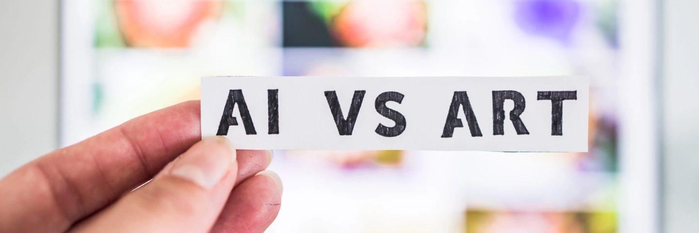 AI vs Art text in front of laptop bokeh with out of focus images, concept of Artificial Intelligence creating generative content based on art made by human authors