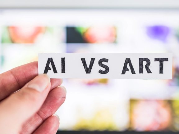 AI vs Art text in front of laptop bokeh with out of focus images, concept of Artificial Intelligence creating generative content based on art made by human authors