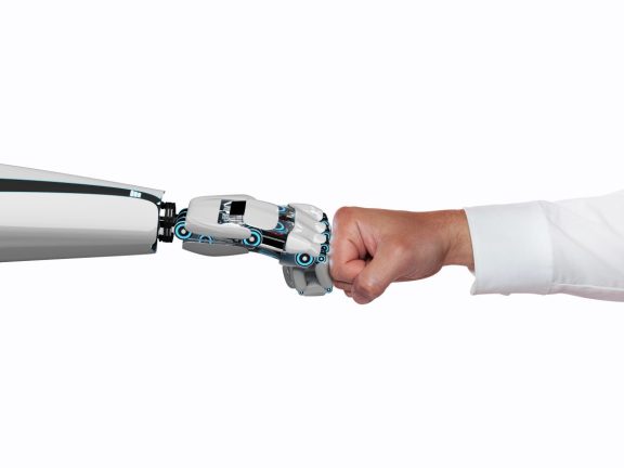 robot hand and human hand touch each other with fists, 3d illustration