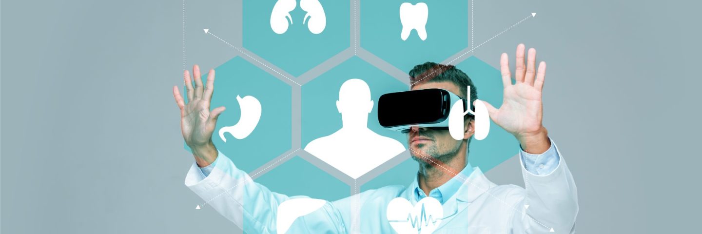 scientist in virtual reality headset touching medical interface in air isolated on grey, artificial intelligence concept