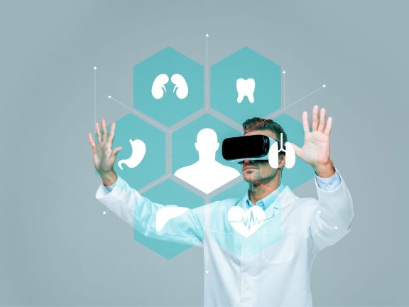 scientist in virtual reality headset touching medical interface in air isolated on grey, artificial intelligence concept