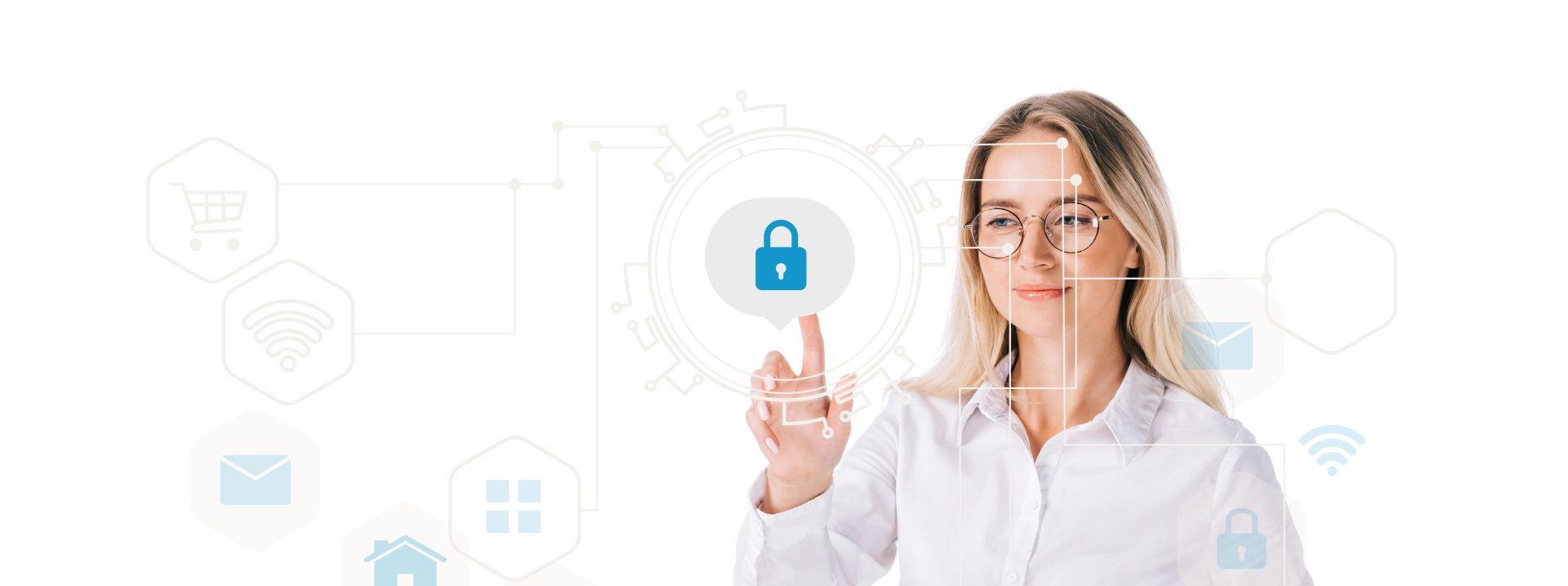 portrait of smiling businesswoman in formal wear pointing at cyber security sign isolated on white