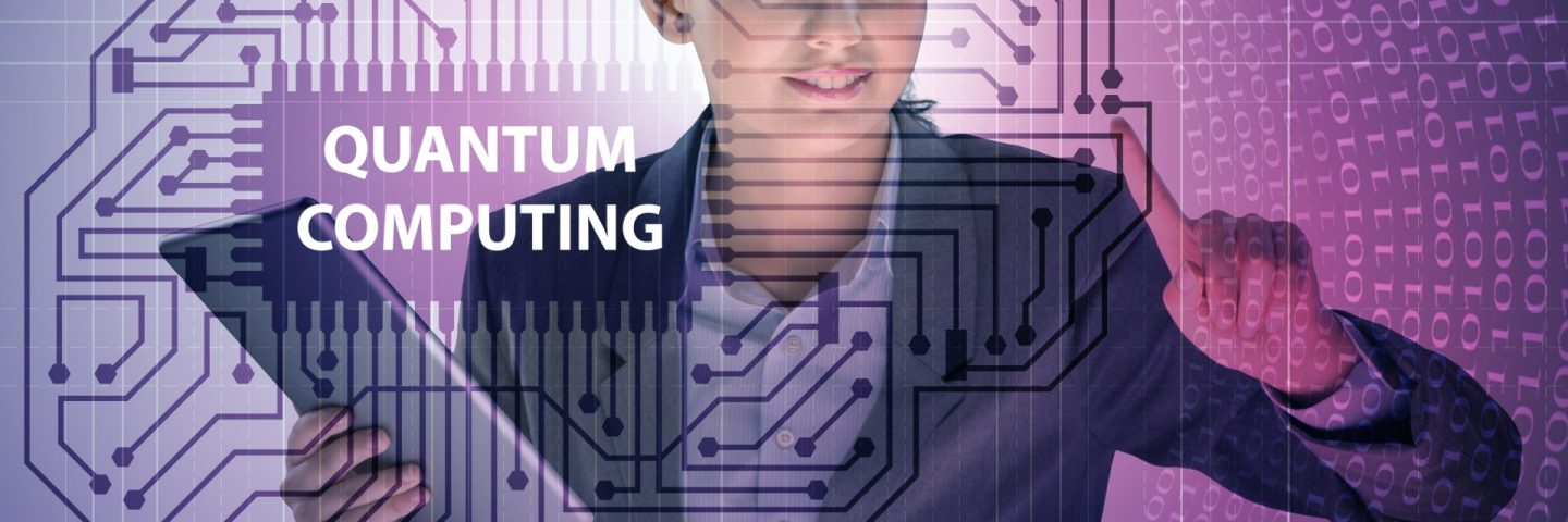 Businesswoman pressing virtual button in quantum computing concept