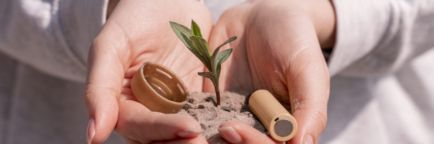cropped view of woman holding battery, plastic cap and green plant in hands, banner