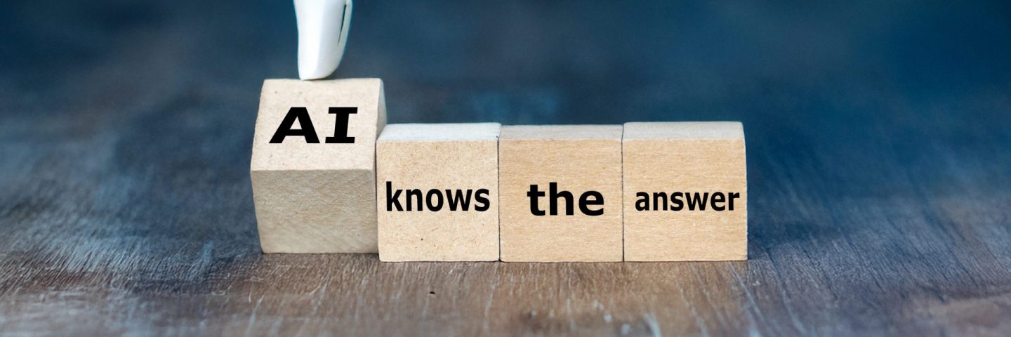 Cubes form the expression 'AI knows the answer'. Symbol that AI can help you finding the right answer.