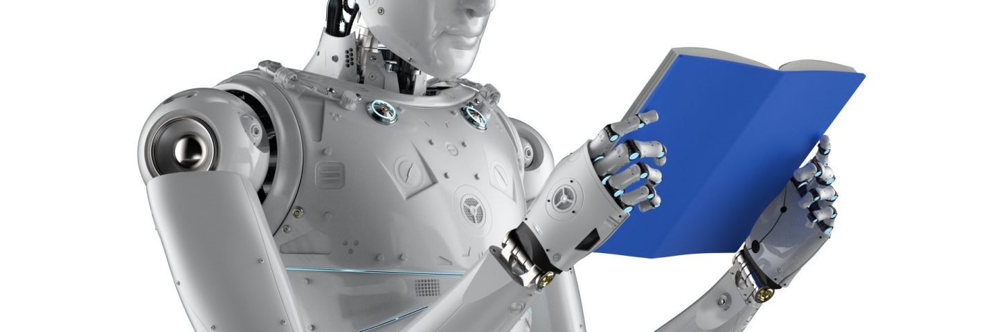 Machine learning concept with 3d rendering humanoid robot reading a book isolated on white
