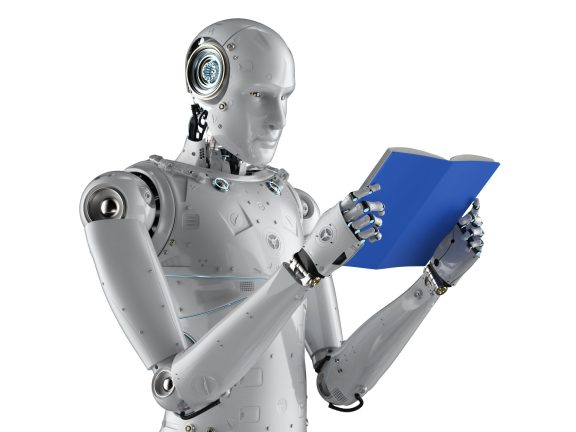 Machine learning concept with 3d rendering humanoid robot reading a book isolated on white