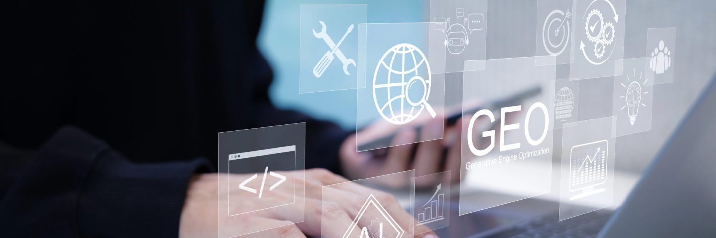GEO Concept. Generative Engine Optimization for Online Marketing Strategy, Hands typing on laptop with icons representing AI, coding, modern online marketing, and advertising strategies. AI search,