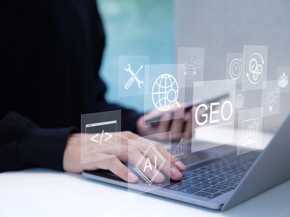 GEO Concept. Generative Engine Optimization for Online Marketing Strategy, Hands typing on laptop with icons representing AI, coding, modern online marketing, and advertising strategies. AI search,