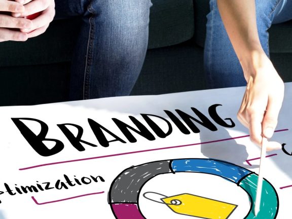 woman showing on poster with Branding