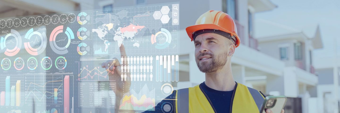 Engineer builder worker using advance technology digital hologram infographics touch panel in housing construction industry.