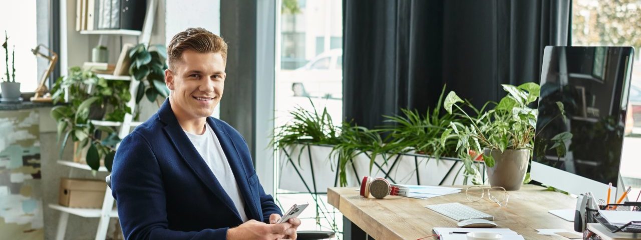 A young businessman with an artificial limb confidently works in a stylish office, embracing diversity.