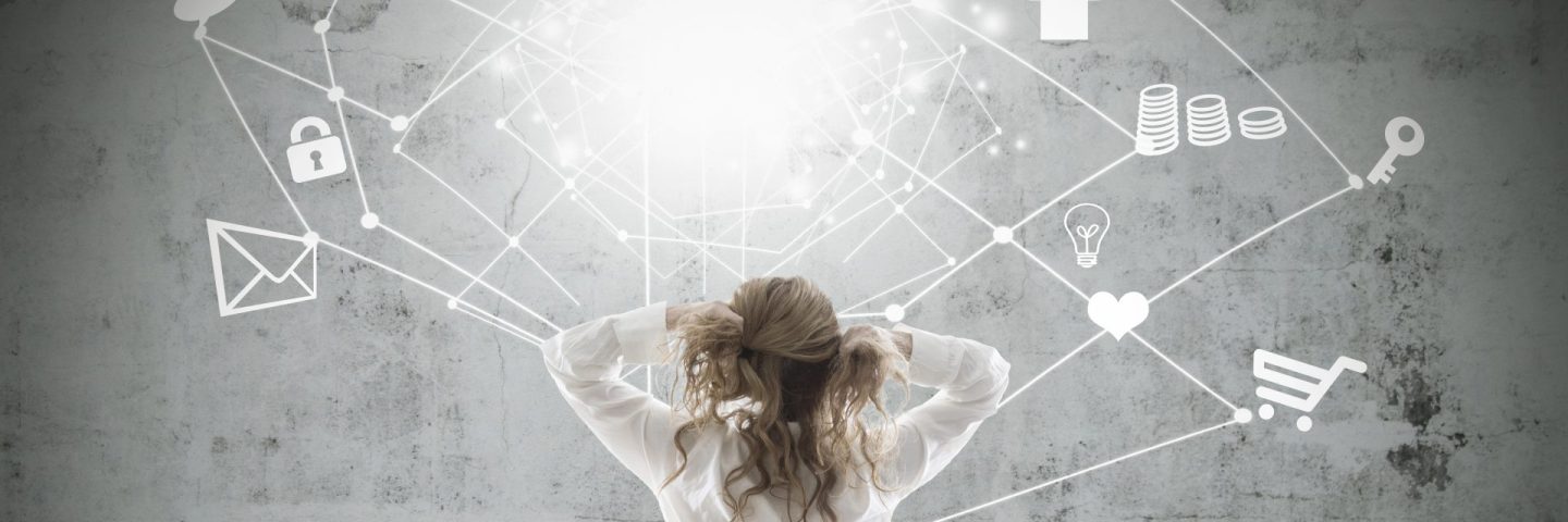business woman stressed with digital network content
