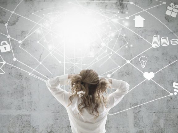 business woman stressed with digital network content