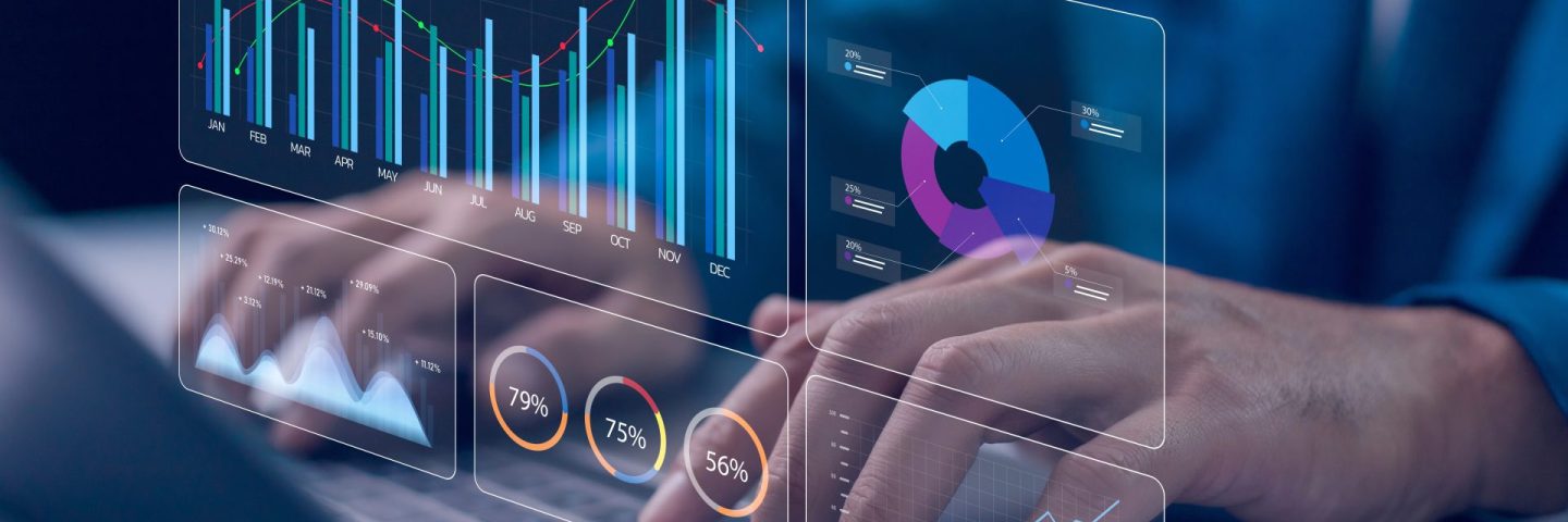 Data analytics automated with AI technology. Dashboard report KPI insights. Analyst use computer datum business analysis and Management System with KPI and metrics connected to the database.