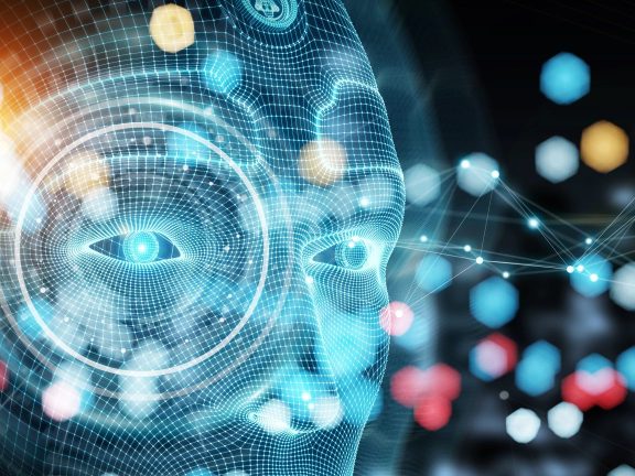 Robotic man cyborg face representing artificial intelligence concept 3D rendering